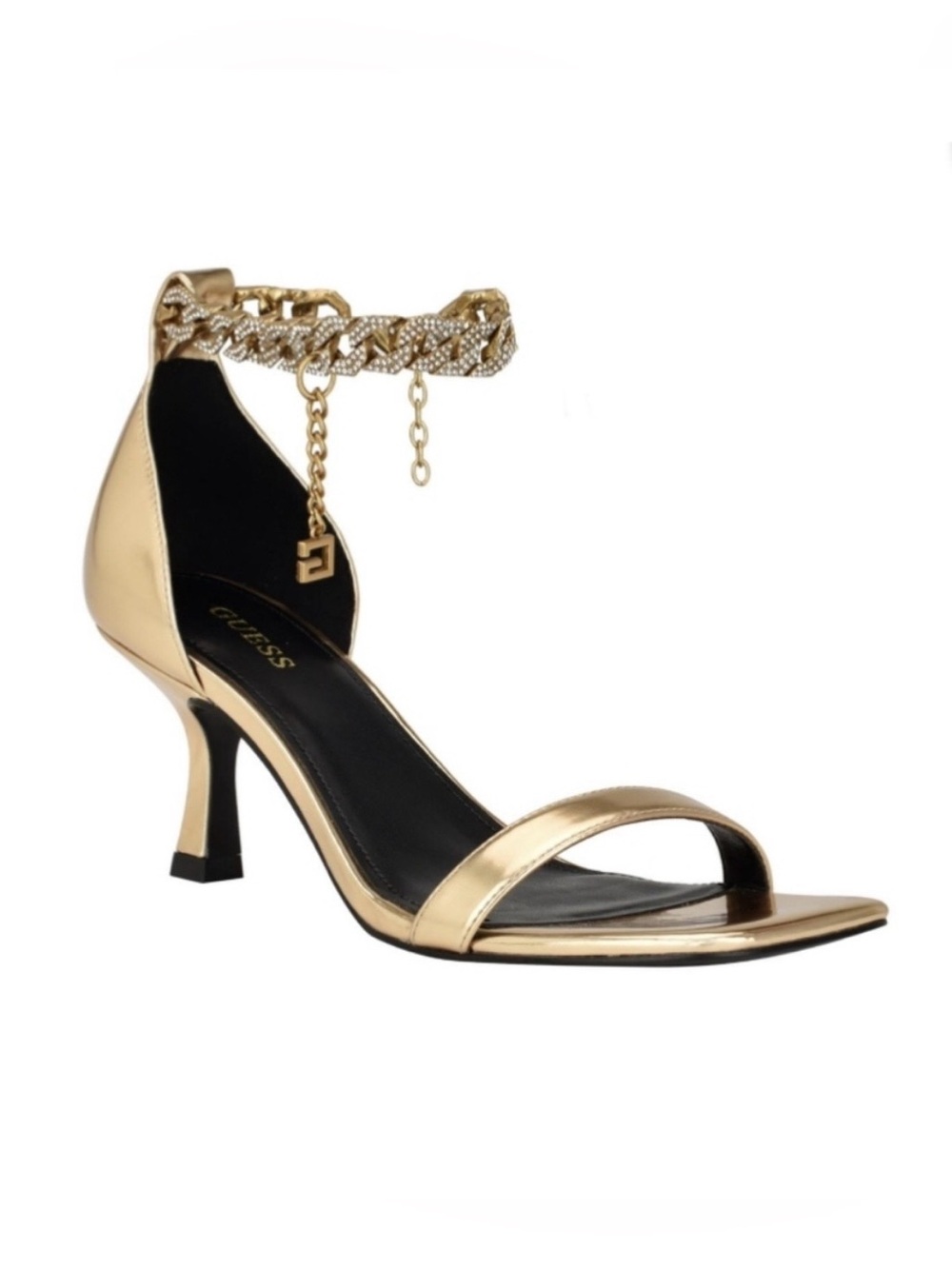 Guess Women's Remo Open Toe Kitten Heel Chain Sandals Gold 9.5